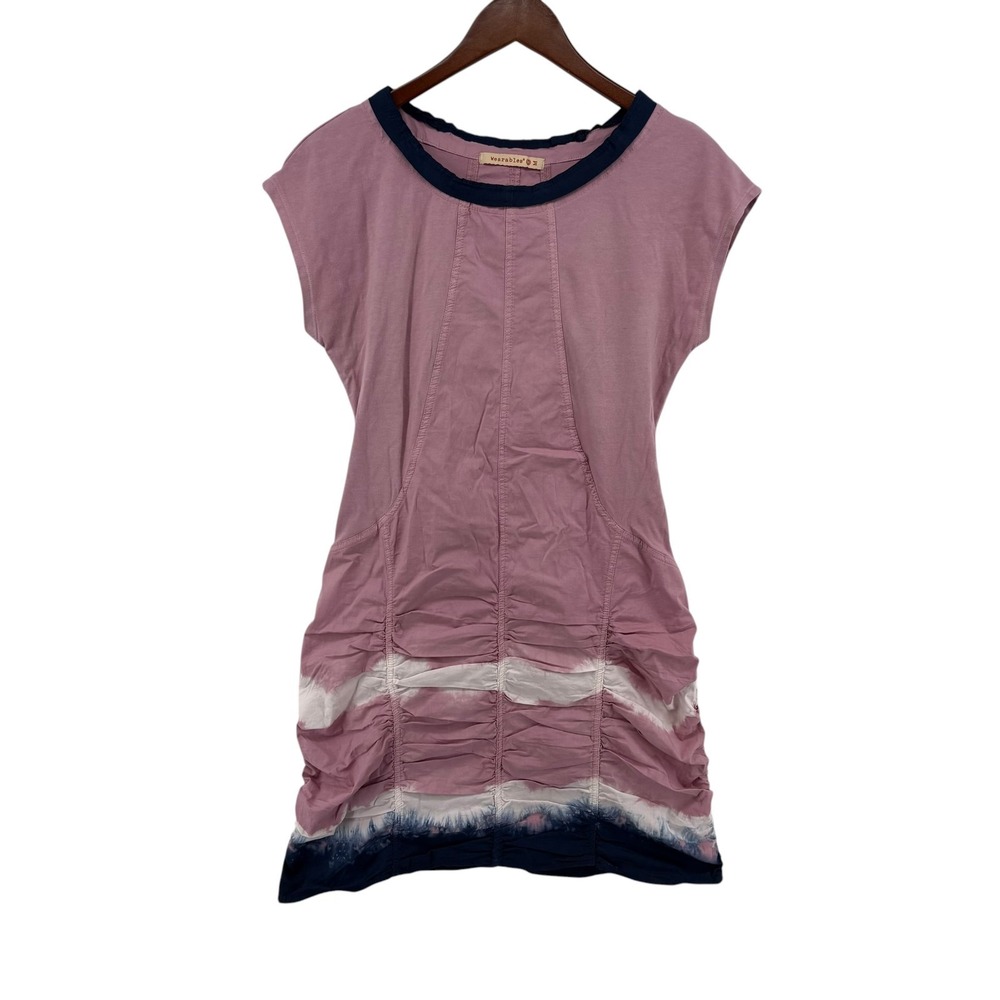 XCVI Wearables Aviana Dress M Pink Navy Tie Dye Ruched Cotton Lagenlook